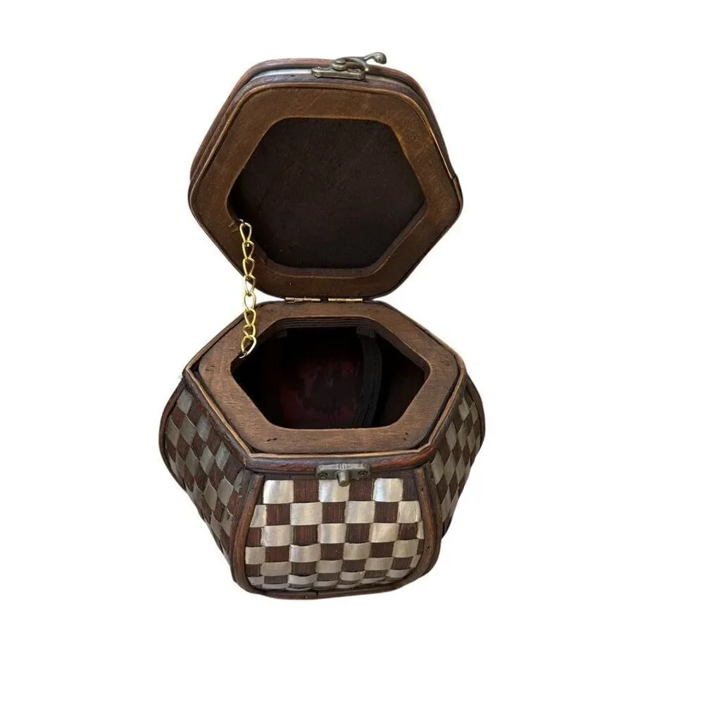 Vintage Bamboo Metal Inlay Decorative Storage Box – Handcrafted Hexagon Trinket